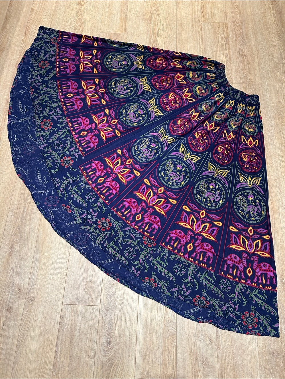 Boho Navy Maxi Skirt with Colorful Elephant Camel Peacock Medallions - Picture 2 of 11